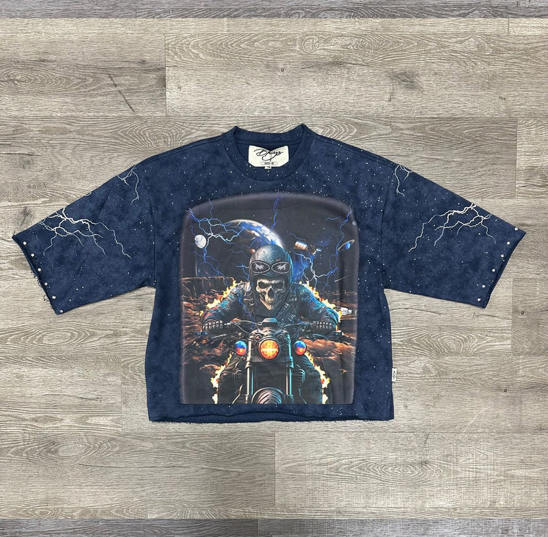 "SKULL RIDER" F-TERRY CROPPED T-SHIRT (T1254)