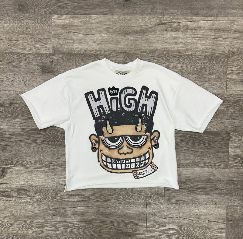 "STAY HIGH" F-TERRY CROPPED T-SHIRT